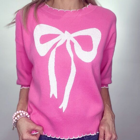 Sweaters - Pink Sweater with White Bow Design